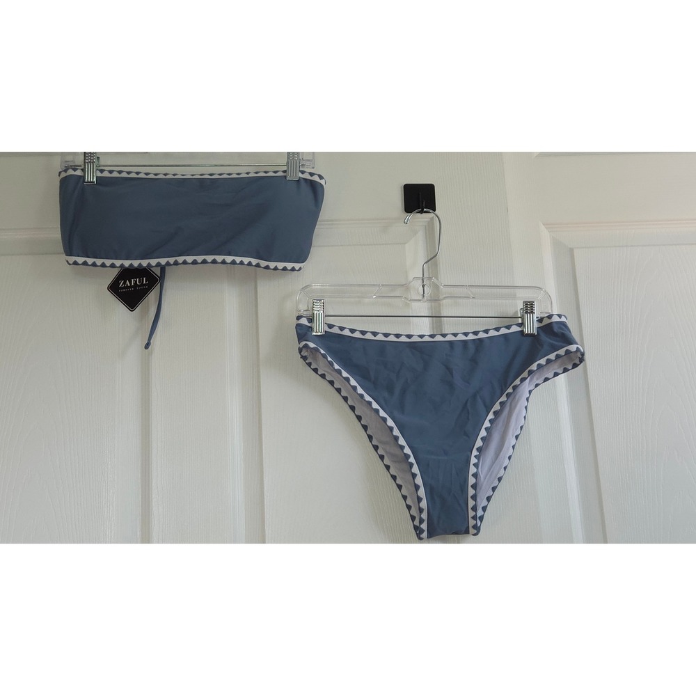 Zaful Women Blue Scalloped Trim Bandeau Bikini Set Size L New With Tags